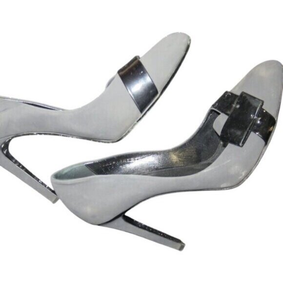 Giorgio Armani Grey Italian Leather Black Patent Bows Luxury Pumps Heels 38.5 or - Picture 9 of 11